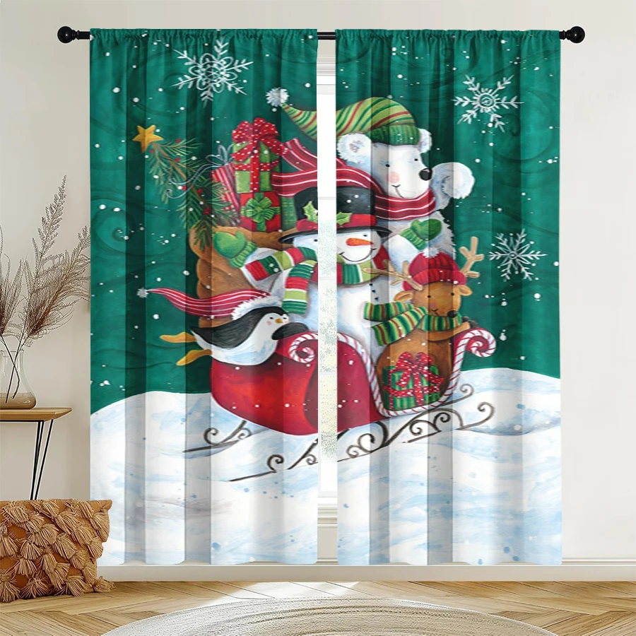 2PCS Christmas Winter Curtains, Penguin Sleigh, Digital Print, Bedroom Living Room Kitchen, Rod Pocket Polyester, Home Decor