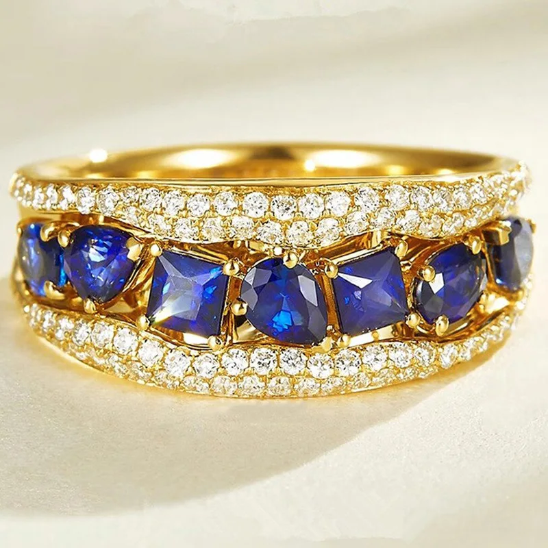 

Huajie Geometric Blue Cubic Zircon Embedded Rings for Women Vintage Elegant Gold Plated Ring Evening Party New Jewelry