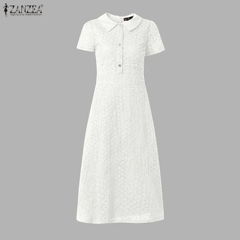 ZANZEA Elegant Chic Women's Openwork Lace Dress Short Sleeve Patchwork Office Midi Dress Summer 2026 Turn-Down Collar Robe Femme