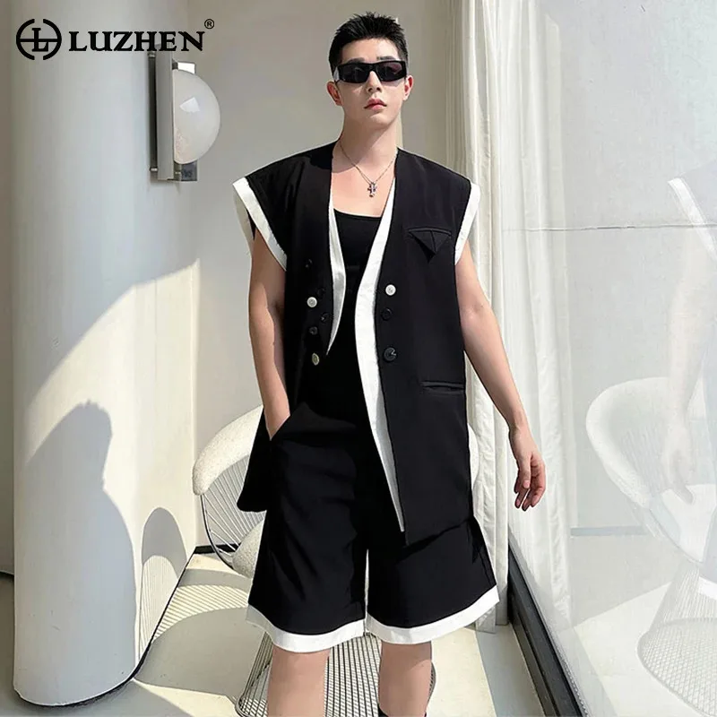 

LUZHEN Trendy Elegant Color Contrast Design Summer Two-piece Sets Men 2025 New Loose Straight Shorts Sleeveless Tank Tops JY1770