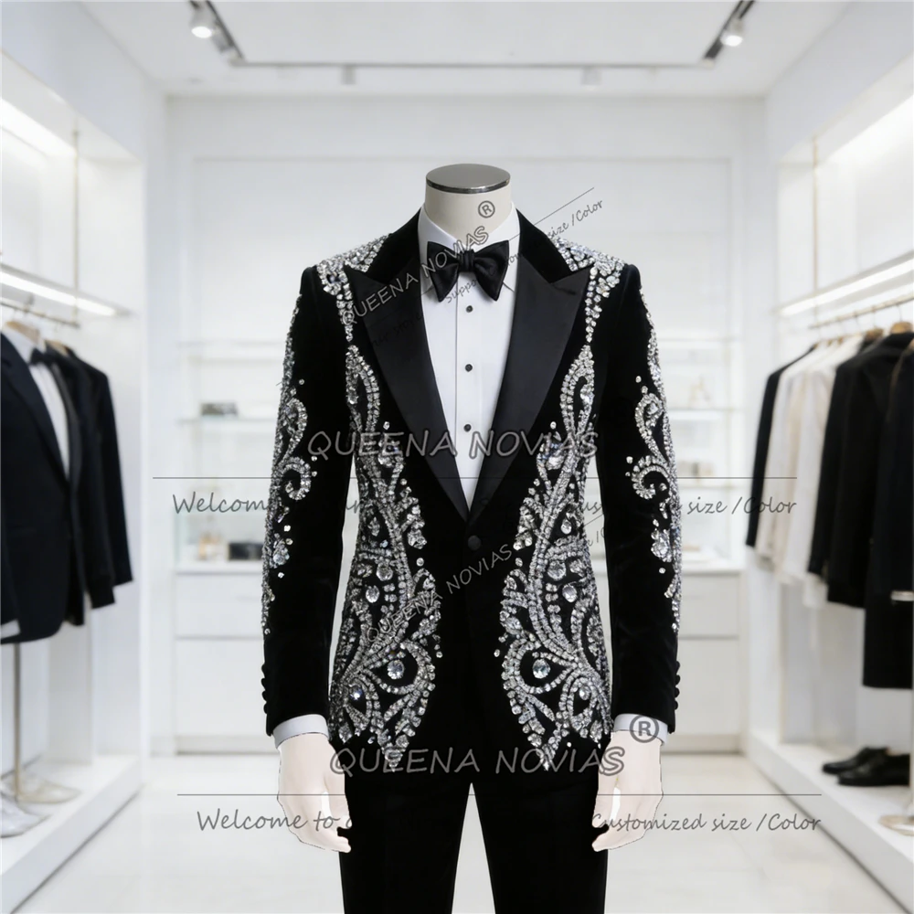 

Exclusive Diamond Beaded Wedding Groom Tuxedos Customized Peaked Lapel Prom Blazer 2 Piece Set Man Formal Party Attire Plus Size