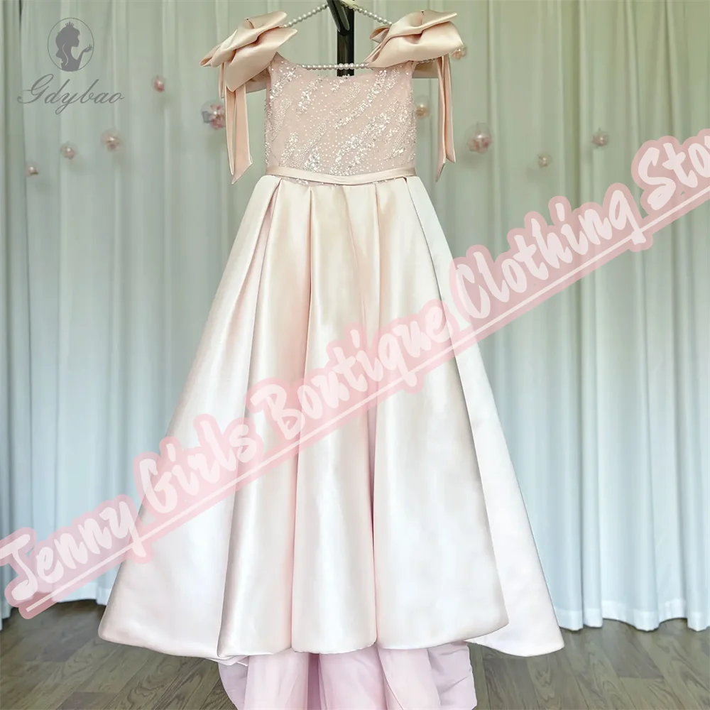 Vestido de niña de flores con lentejuelas y lazo de satén rosa, vestido de princesa para niños, boda, cumpleaños, primera comunión, fiesta de boda