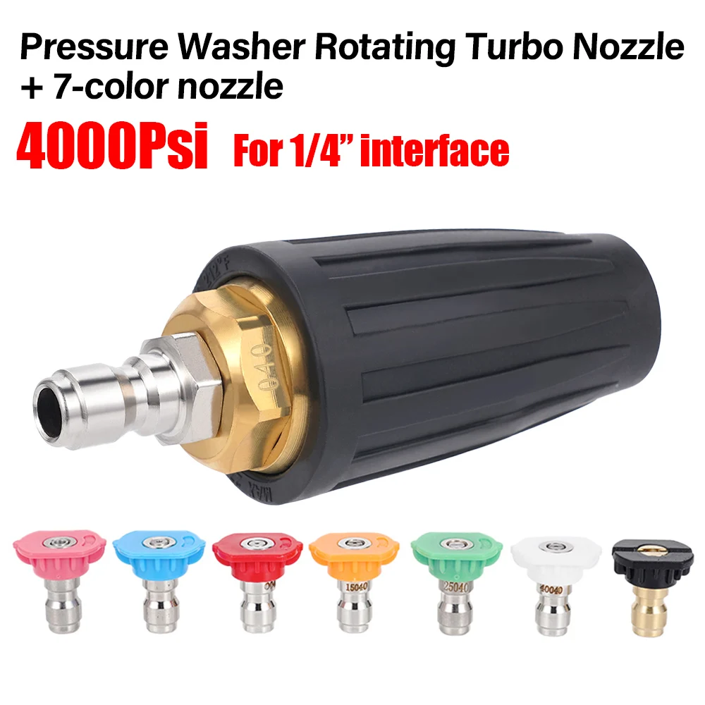 Вращающийся на 360 градусов распылитель с турбонасадкой и быстроразъемным подключением 1/4 дюйма, 4000 фунтов на квадратный дюйм, набор форсунок для мойки высокого давления 7-в-1 Вращающийся на 360 градусов распылитель с турбонасадкой и быстроразъемным подключением 1/4 дюйма, 4000 фунтов на квадратный дюйм, набор форсунок для мойки высокого давления 7-в-1