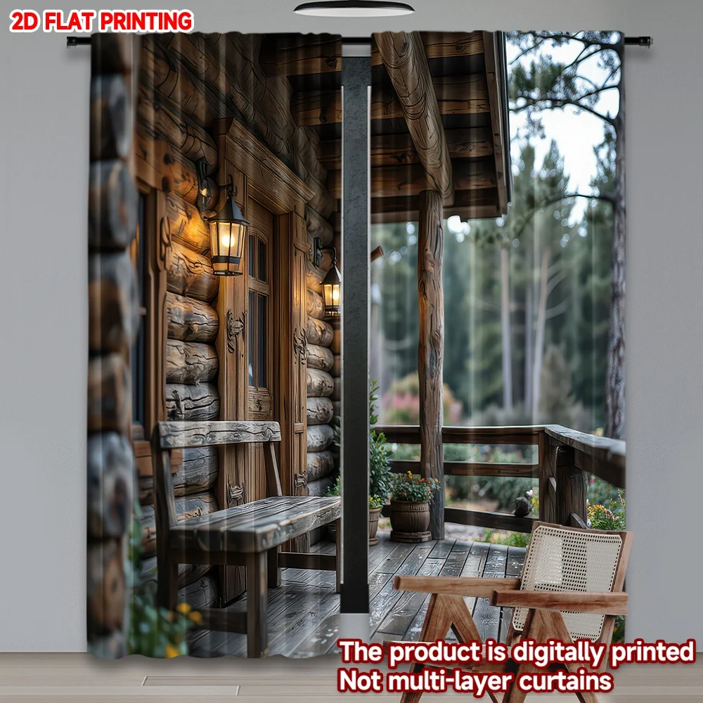 

2D flat printing 2pcs Drapes Cozy Wooden Cabin Porch Digital Printed Polyester Drapes Festive Holiday Perfect for Festive