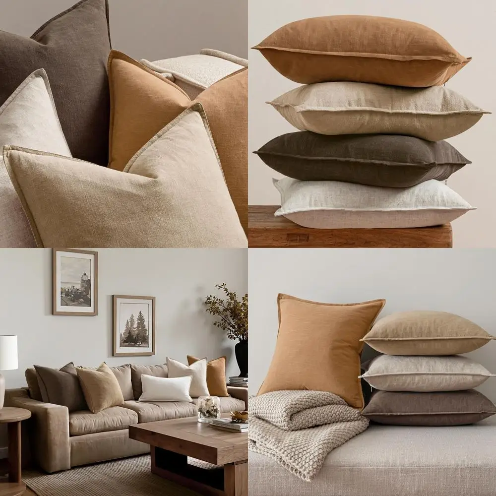 

Набор из 4 наволочек из натурального однотонного коричневого льна — современный декор фермерского дома в стиле бохо для гостиной, дивана, кровати — 24x24 дюйма