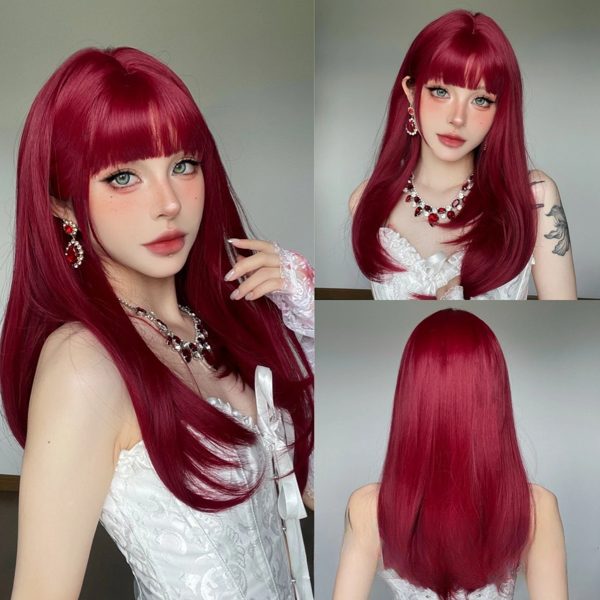 

Summer wig full head cover Qi bangs chemical fiber straight hair full head hairstyle daily wear bright hair color wigs