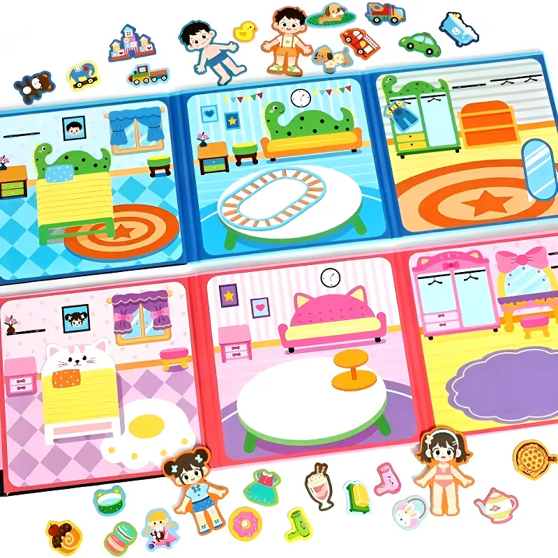 Магнитная тихая книга для мальчиков и девочек, игра-одевалка, повторяющиеся магнитные наклейки, книги, игрушки Монтессори для детей, подарки
