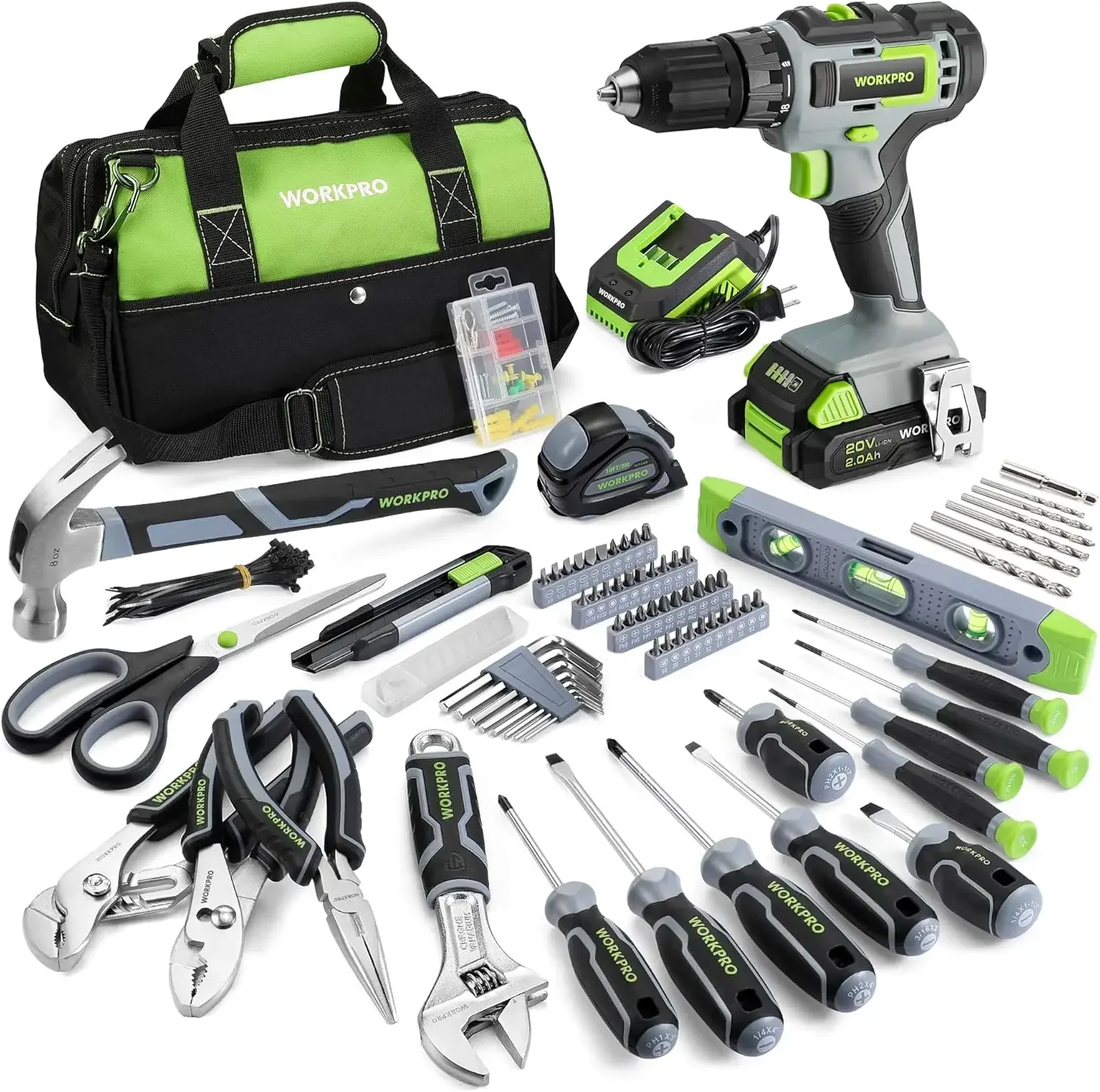 

Home Tool Set with 20V Cordless Lithium-Ion Drill Driver, Household Repairing Tool Kit with Drill, 157PCS Power Drill Sets, 14-I