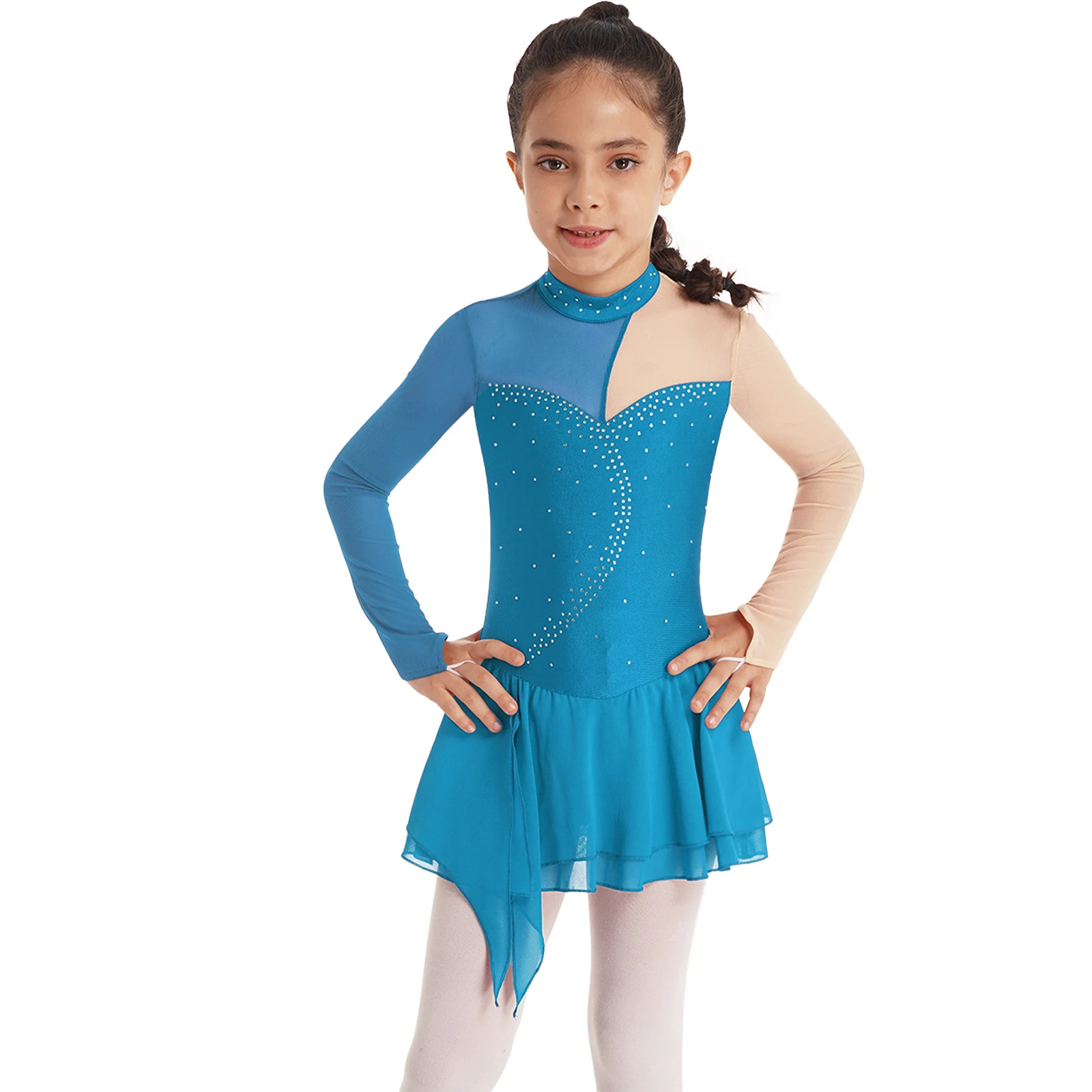 # 6-16 crianças meninas manga longa ballet patinação ginástica dancewear prática desempenho retalhos estilo strass vestido de dança