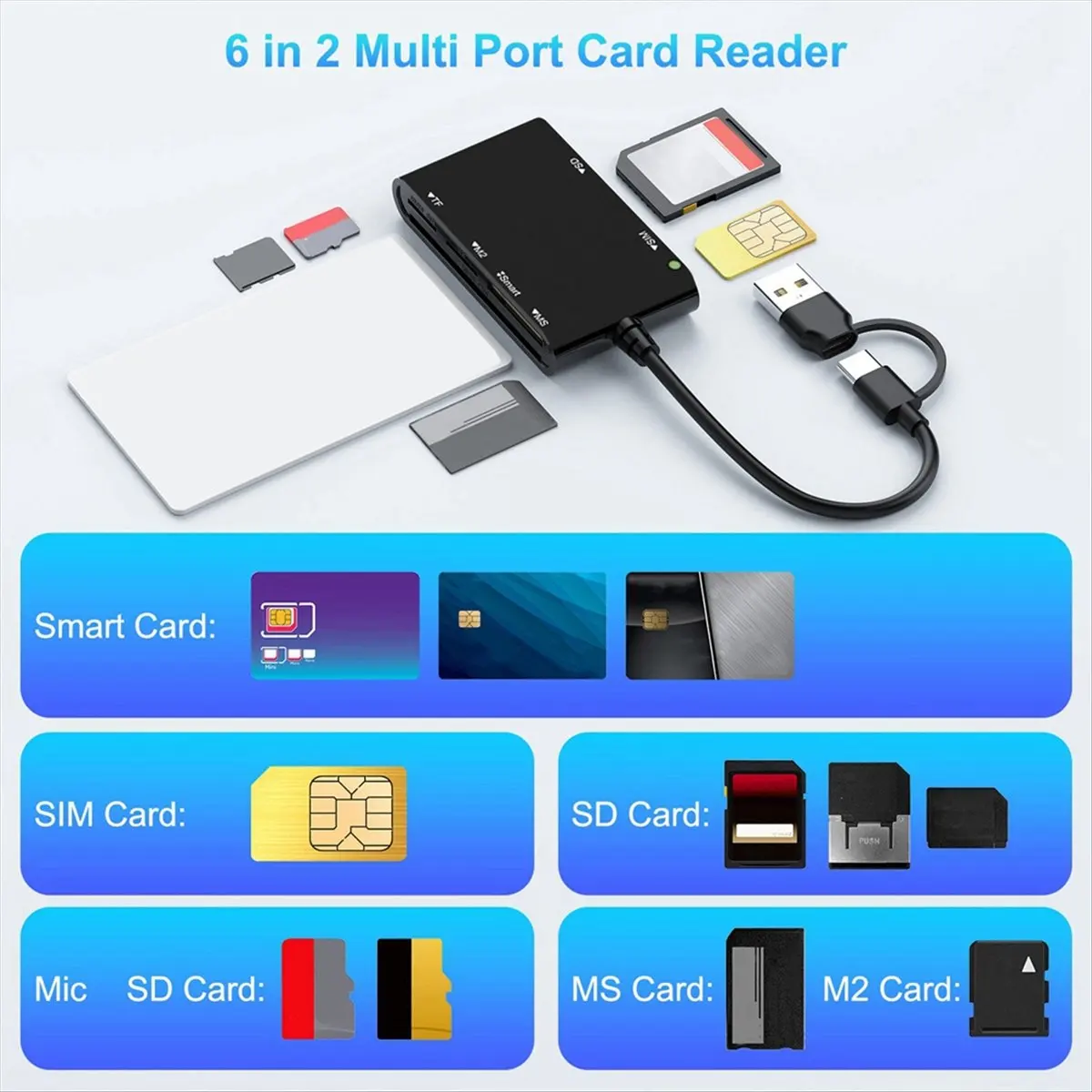 

USB C USB 3.0 Multi Card Reader 6 в 1 Smart/MS/M2/TF/SIM/SD Card Reader Emory Stick Pro Duo Adapter