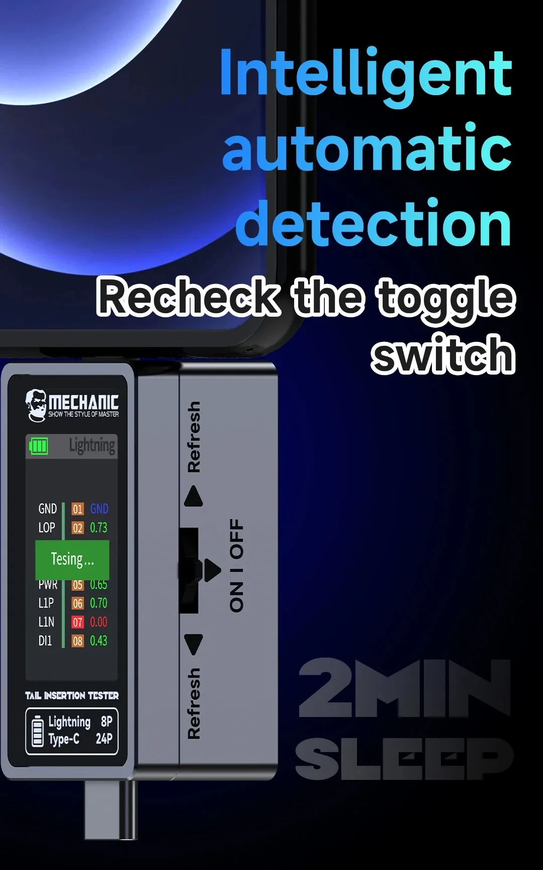 MECHANIC T-824 Tail Insertion Tester Without Demoulding High Precision Digital Display Current Power Check Type-C Lightning