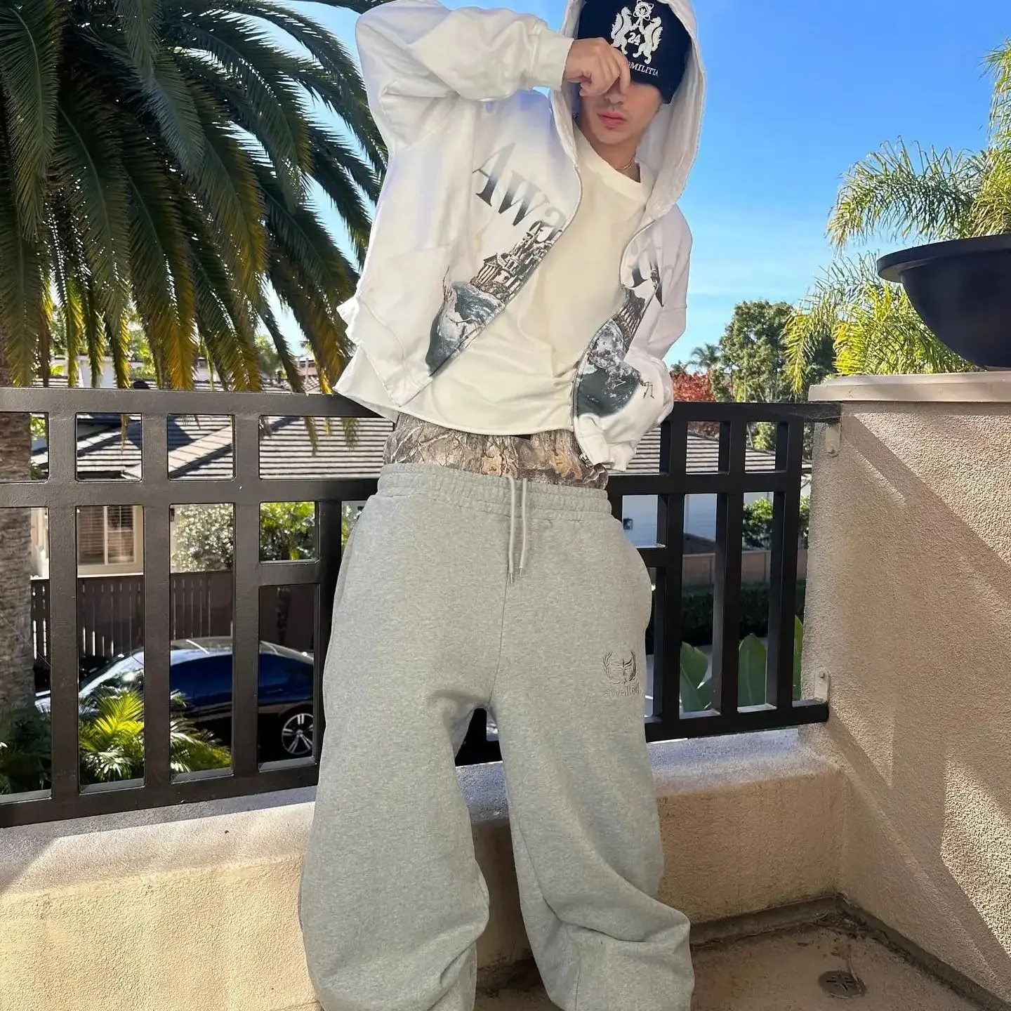 

Men's Y2K Retro Sports Pants Double Cuffs Embroidered Camouflage Pattern Unisex Loose Pants Wide Leg Pants Trendy Casual Street