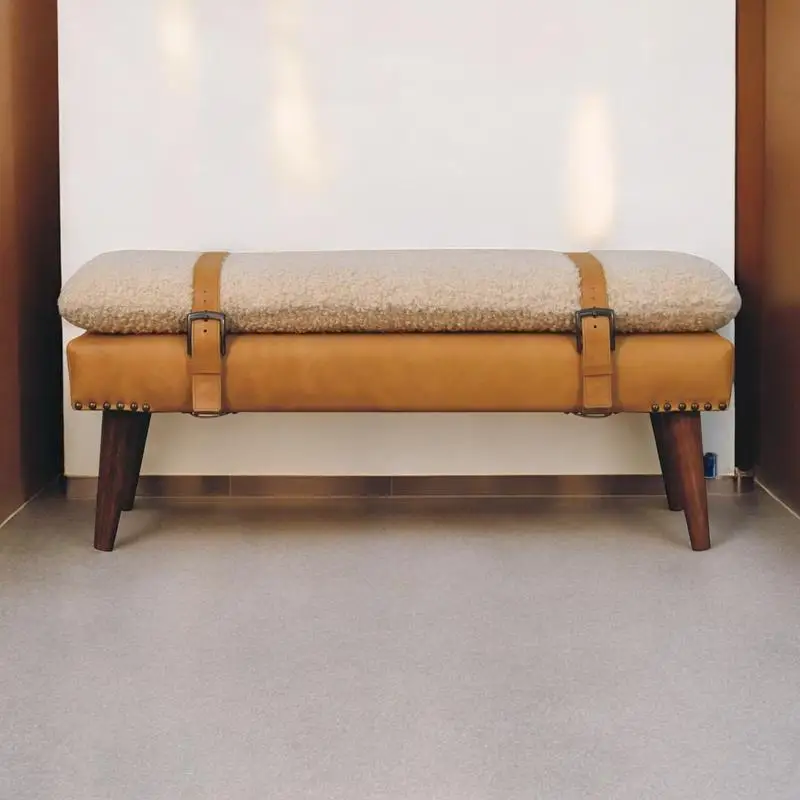 

Tan Leather Bench with Nordic Legs, Solid Wood Frame, Beige Accent