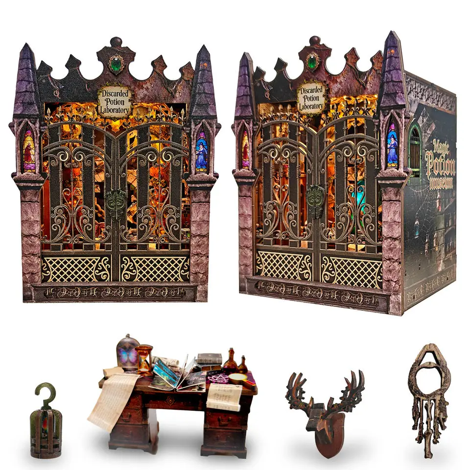 

DIY Wooden Twilight Potion Mystic Realm Book Nook Shelf Insert Kits Miniature Model Kit With Light Bookend for Friends Gifts