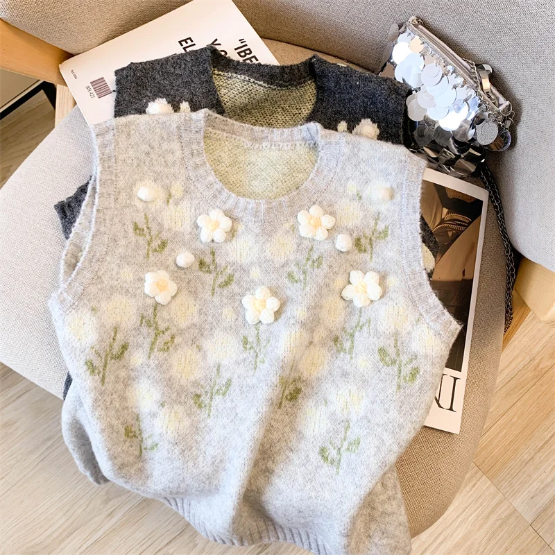 سترة نسائية عتيقة من MEXZT بلوفرات محبوكة مطبوعة هاراجوكو صدرية برقبة دائرية ملابس تريكو شتوية بدون أكمام