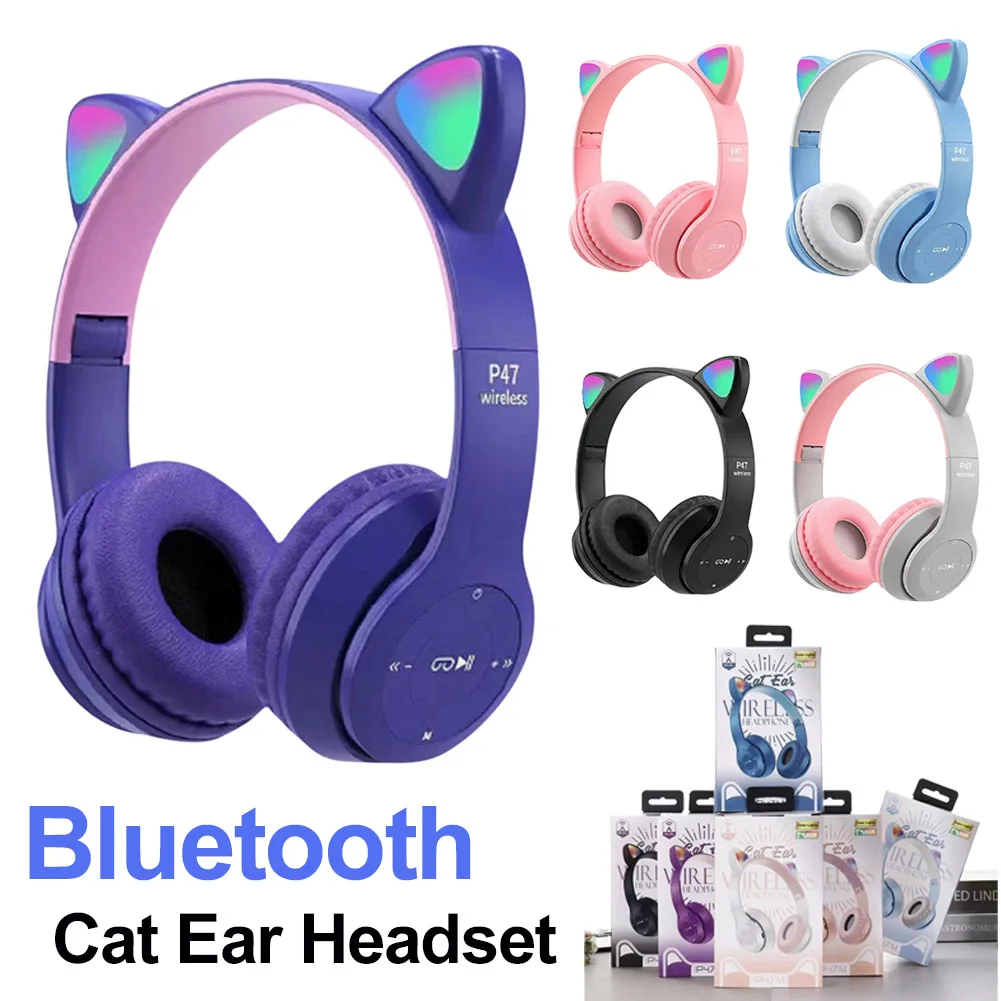 Bluetooth Wireless Earphones Flash Light Bluetooth Headset Kid Girl Voice Control Wireless Headphones Mic Cat Ears Music EarBuds