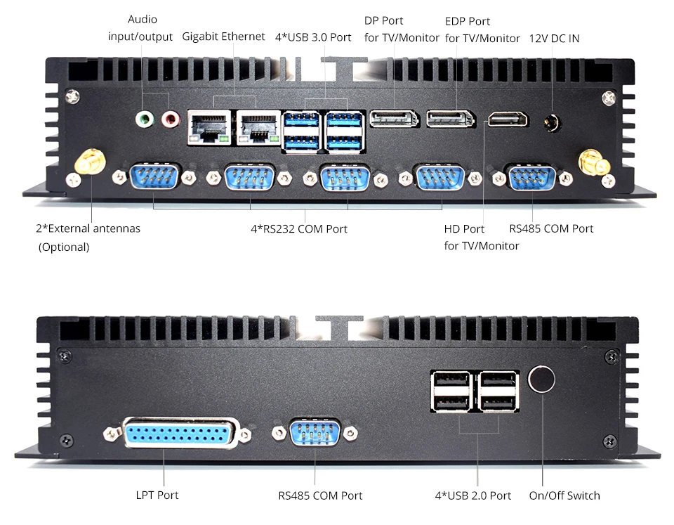 Industrial Desktop PC I7-8650U CPU 16GB DDR4 RAM 256GB SSD Fanless Supports 6xCOM 2x RJ45 8x USB