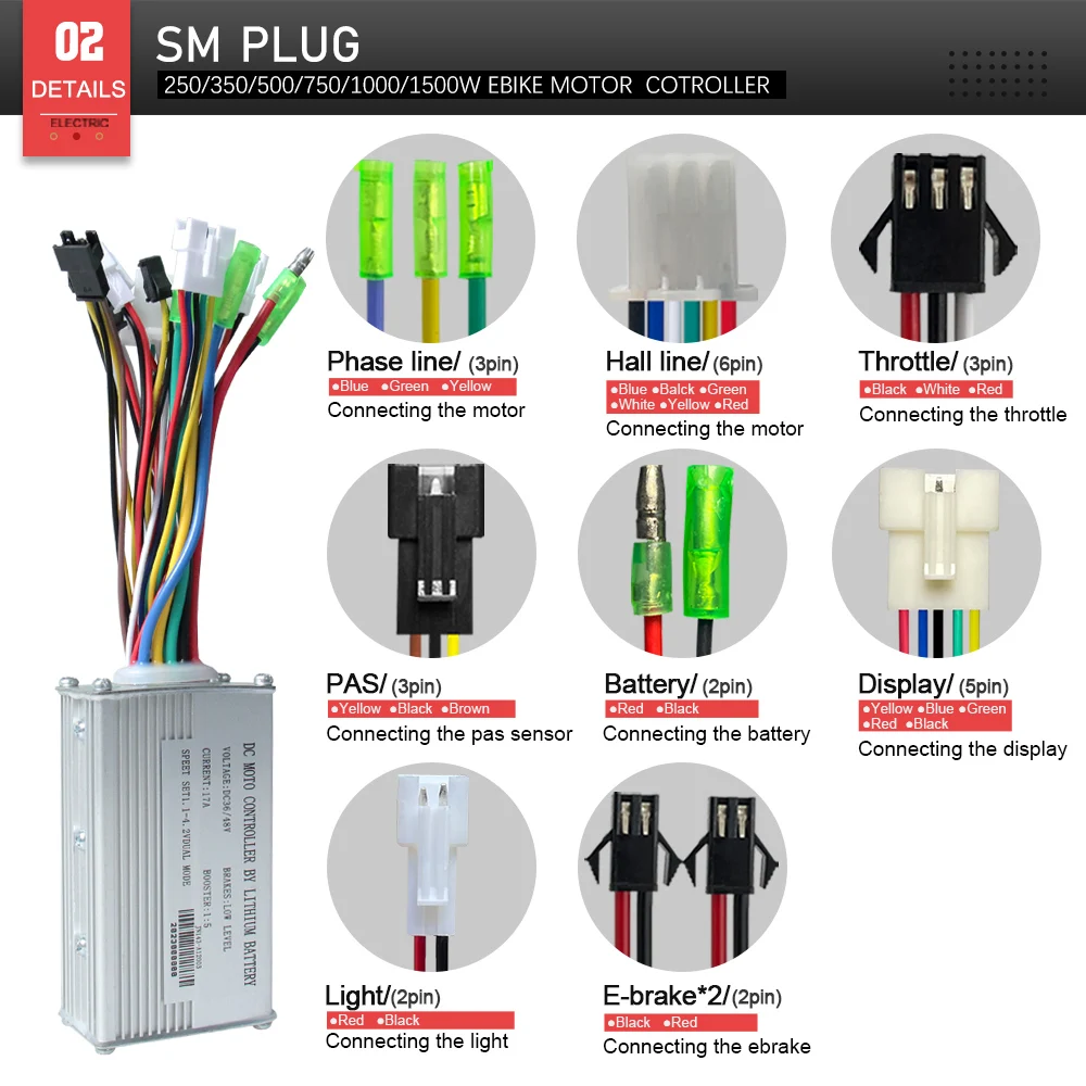 Ebike Sinawave Controller 36V/48V 15A17A22A25A30A35A with Light Function Controller and S866 T8 LCD Display 250W-1500W Motor