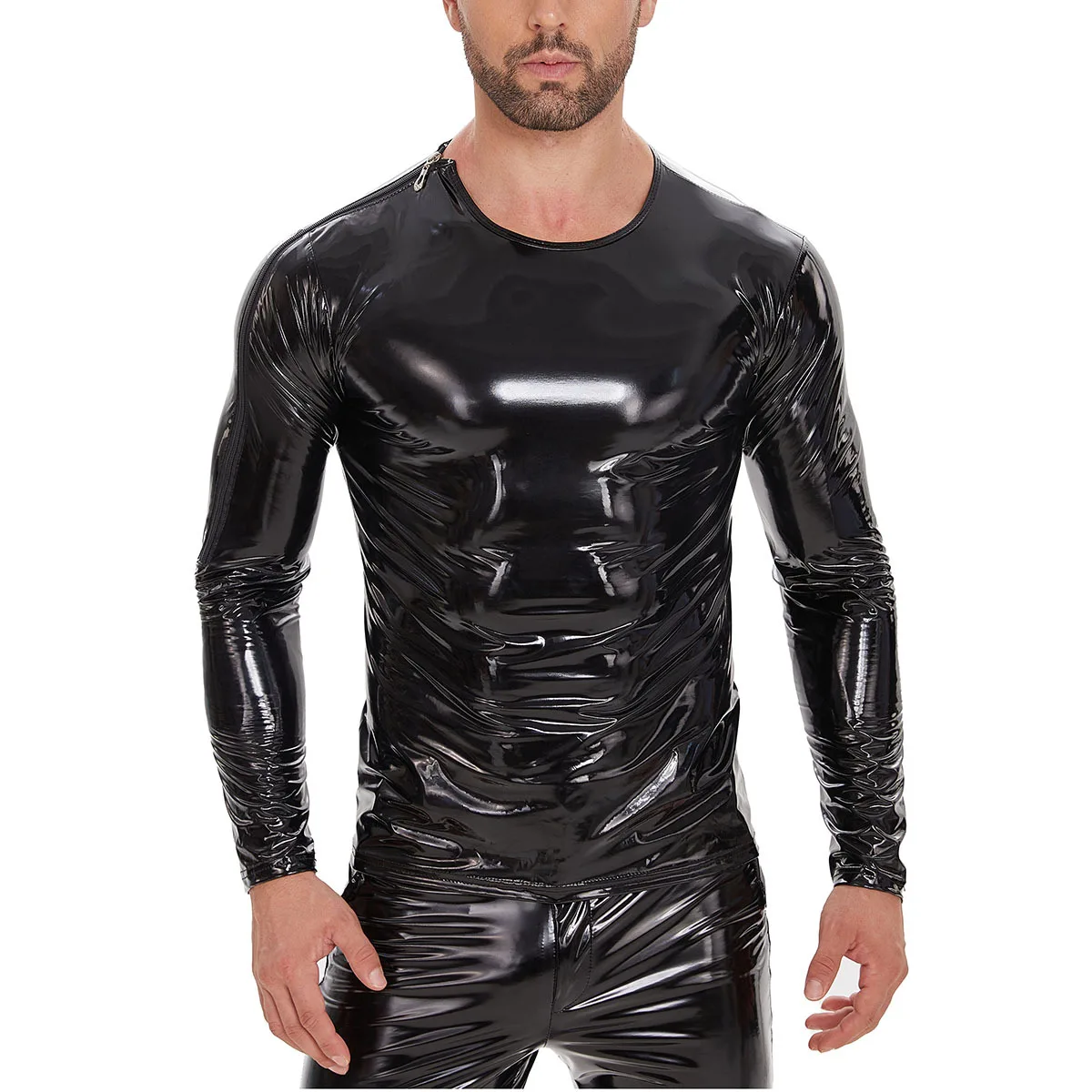 

1.Men's PVC Leather Long Sleeved Shirt Fashion Casual Style Jumpsuit Sexy Leather Elastic Top Damp Club Style Shiny Leather Top