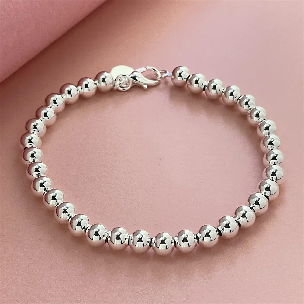 Bransoletka ze srebra próby 925, 18-20 cm, z wykwintnymi koralikami 6 mm, damska, modna, idealna na wesele, prezent, biżuteria.