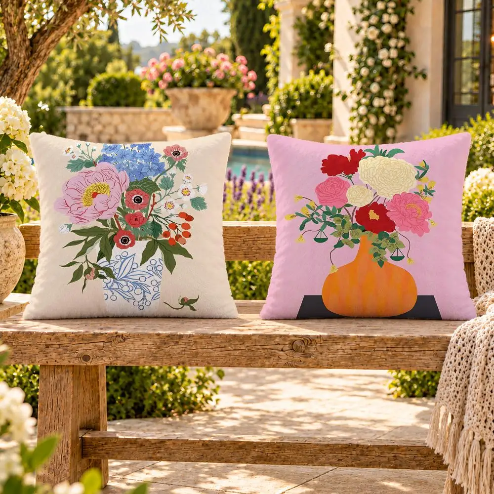 Art Elegant Flower Arrangement Cushion Cover Soft Plush Throw Pillow Cover Washable Sofa Bed Patio Chair Home Decor