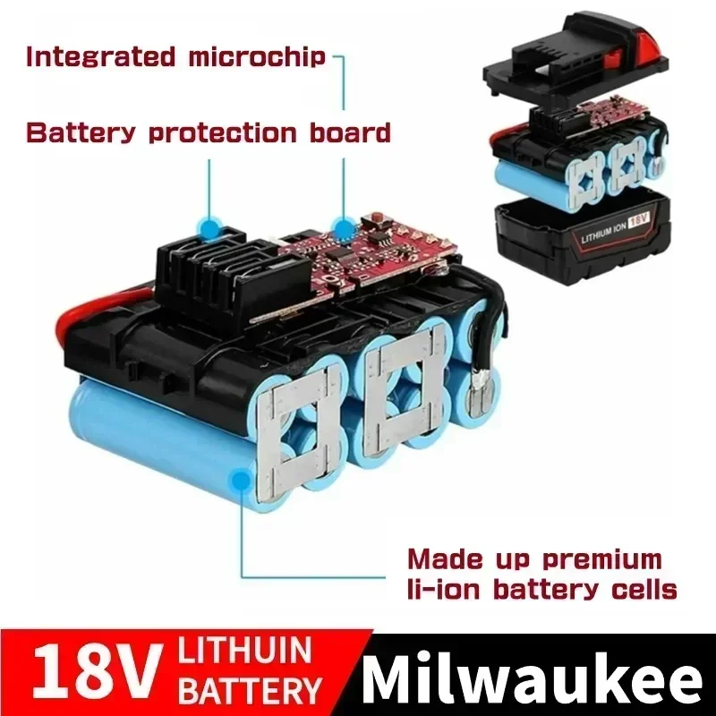 For Milwaukee M18 Power Tool Battery, Charger, BR, XC, 18V, 5000mAh-18000mAh M18B5, 48-11-1860, Built-in 18650 10C Battery