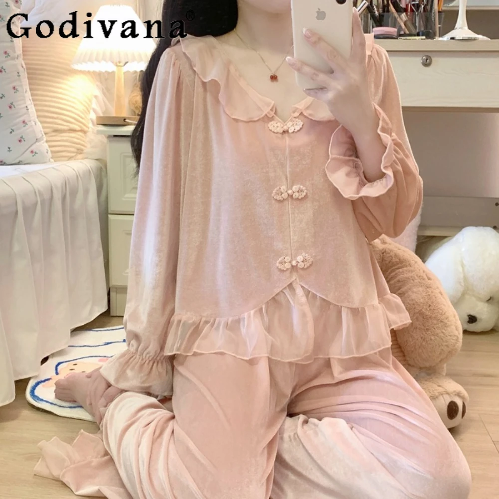 

Women Pajama Sets Velvet Pajama Women Spring Autumn Sweet Cute Court Style Loungewear Sleepshirts