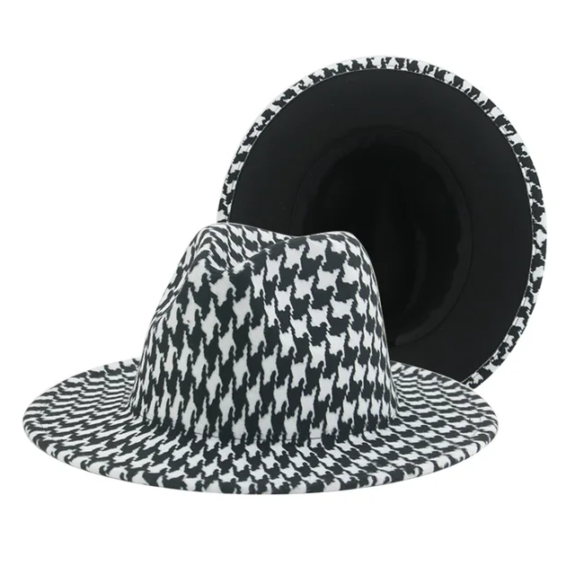 Fedoras zimowe damskie czapki Houndstooth Plaid Patchwork czapki dla kobiet moda czapki dla mężczyzn filcowany kapelusz Fedora nowy Chapeau Femme