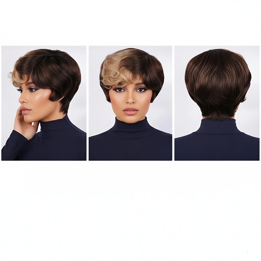 براون شقراء شعر بشري قصير الباروكات مجعد عابث قطع شعر مستعار مع الانفجارات قبل قطعها للنساء البرازيلي شعر ريمي آلة صنع قبعة