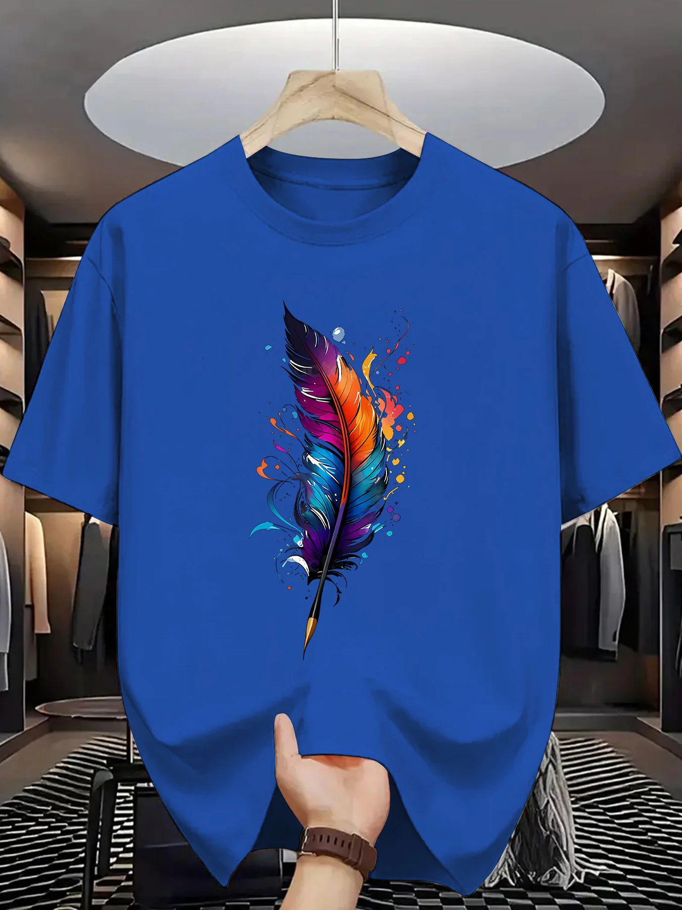 Rainbow Feather Quill Print Men Short Sleeve Tshirt Vibrant Ink Splash Pattern O Neck Tee Abstract Art Male Street Fashion Tops