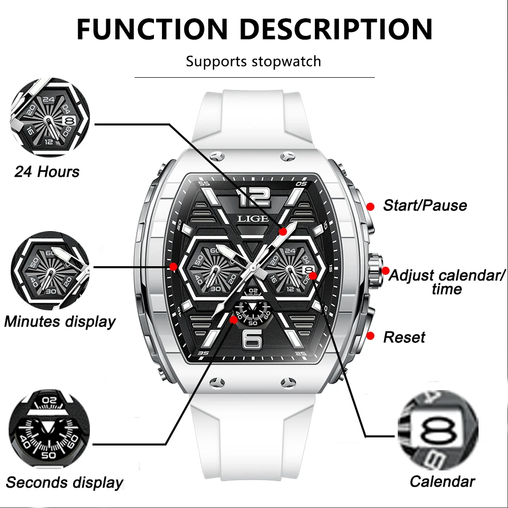 LIGE Square Man Watch Brand Luxury Fashion Silicone Strap Waterproof Quartz Watches for Men Calendar Luminoius Casual Wristwatch