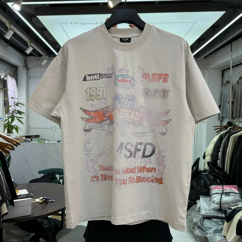 

American Street Heavyweight Retro Full Letter Printed Short Sleeved T-shirt Men Women Oversized Couple Loose Casual Tops Tee