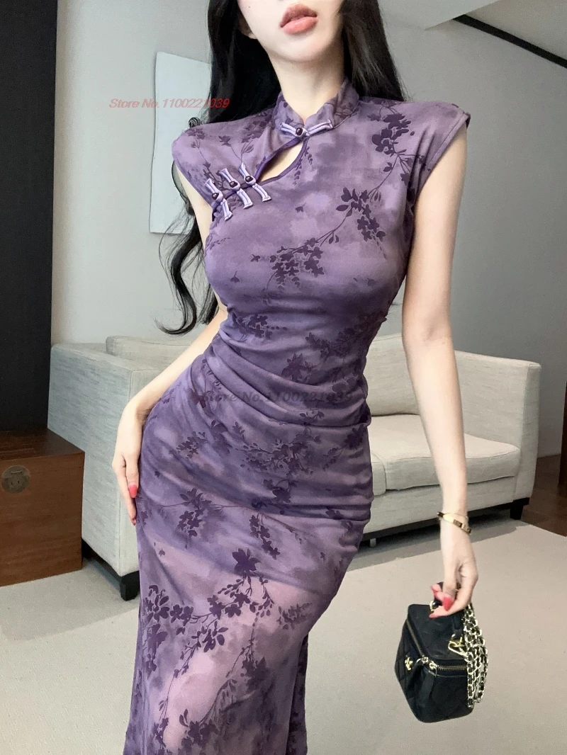 

2026 vintage nightclub dress improved cheongsam traditional flower print sleeveless mesh qipao banquet evening fishtail dress