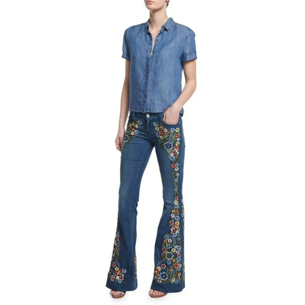 Damesjeans Bloem Geborduurde Damesbroek Slim Fit Hoge Taille Match Top Lange Jeans Vintage Bell-bottom Damesbroek Blauw