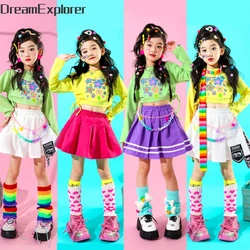 Hip Hop Kids Cute Crop Top Street Dance Solid Skirts Girls Streetwear Colorful Sweatshirt Children Jazz Costumes Clothes Sets