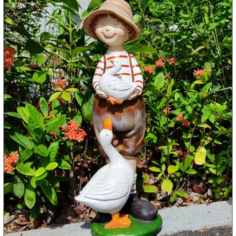 Goose Boy and Girls Garden Figurine Large Floor Statue for Courtyard Landscaping Rustic Villa Yard Decor Whimsical Lawn Ornament