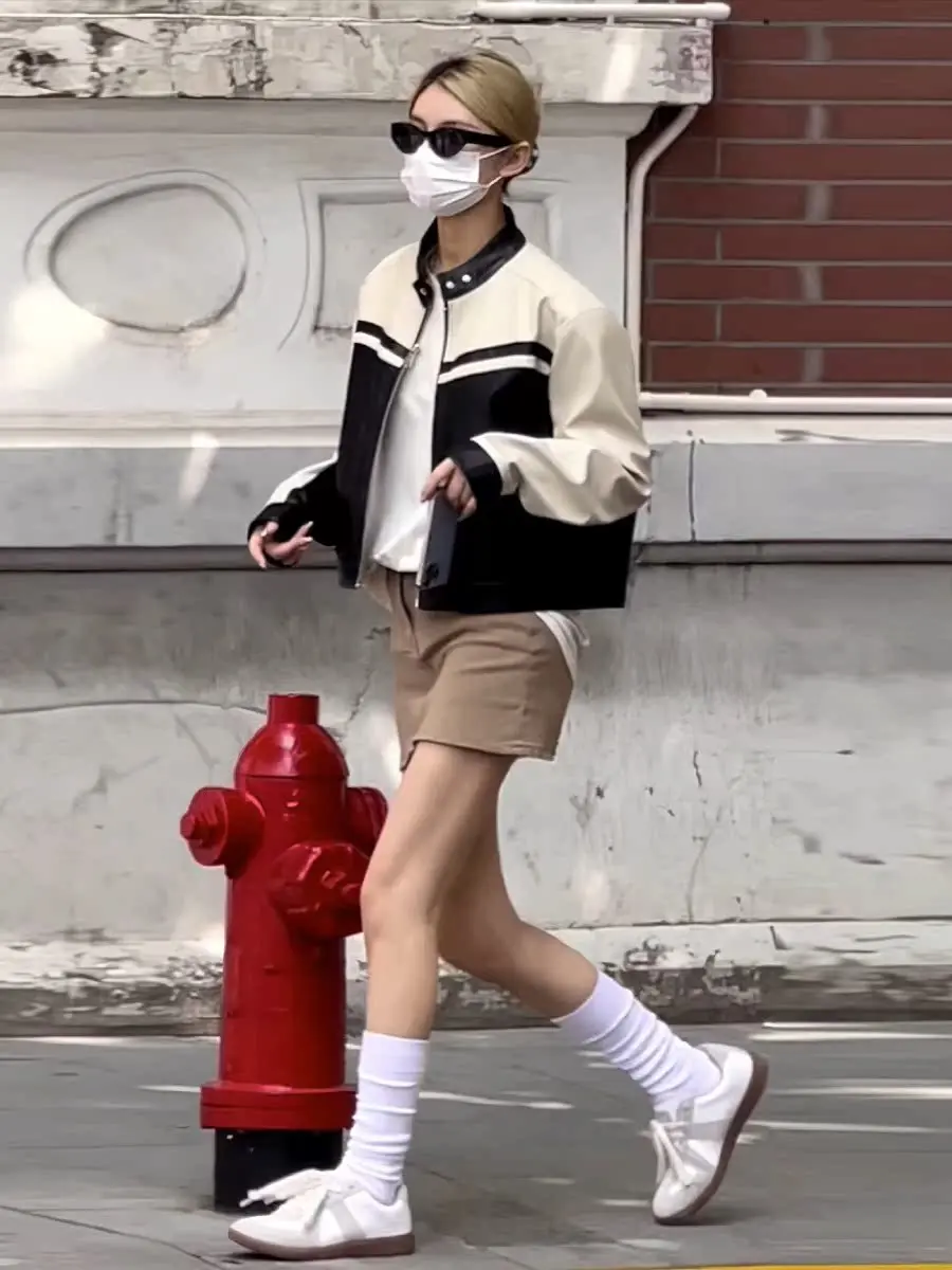 ort American Motorcycle Sle Leather Jaet Damen Frühling Herbst High Street Color Colion Sexy Girl Pilot Jaet Top