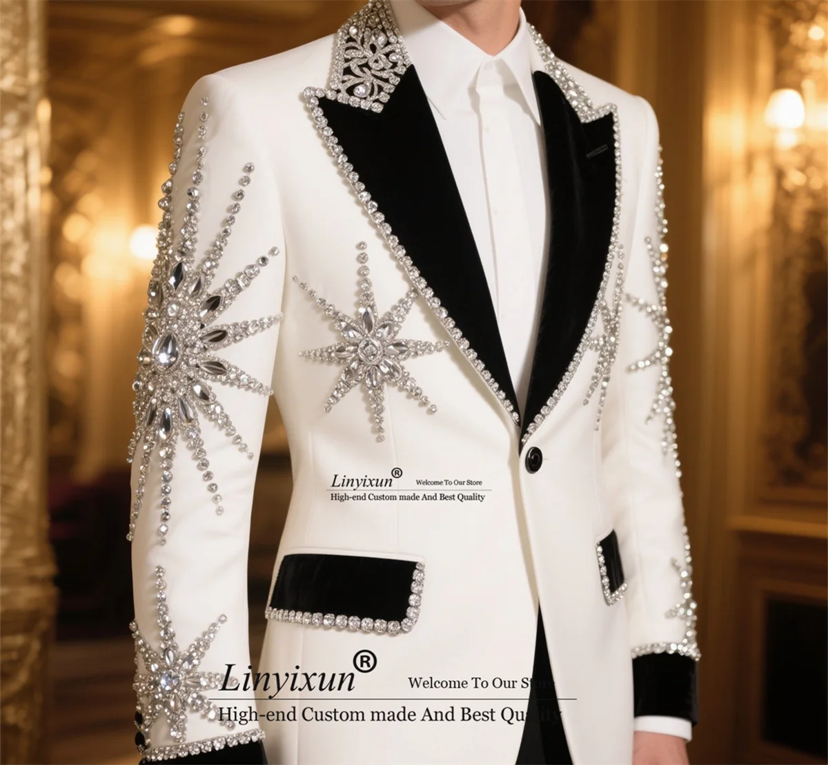Sparkly Diamond Ornament Men Suit Customized Wedding Tuxedos 2 Pieces Sets Slim Groom Male Blazers Formal Business Ropa hombre