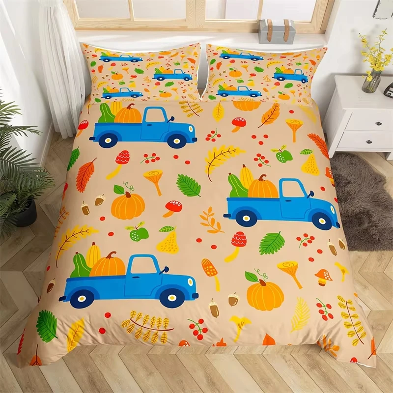 Turkey Maple Leaves Duvet Cover King Thanksgiving Pumpkin Bedding Set Microfiber Farmhouse Autumn Harvest Theme Comforter Cover