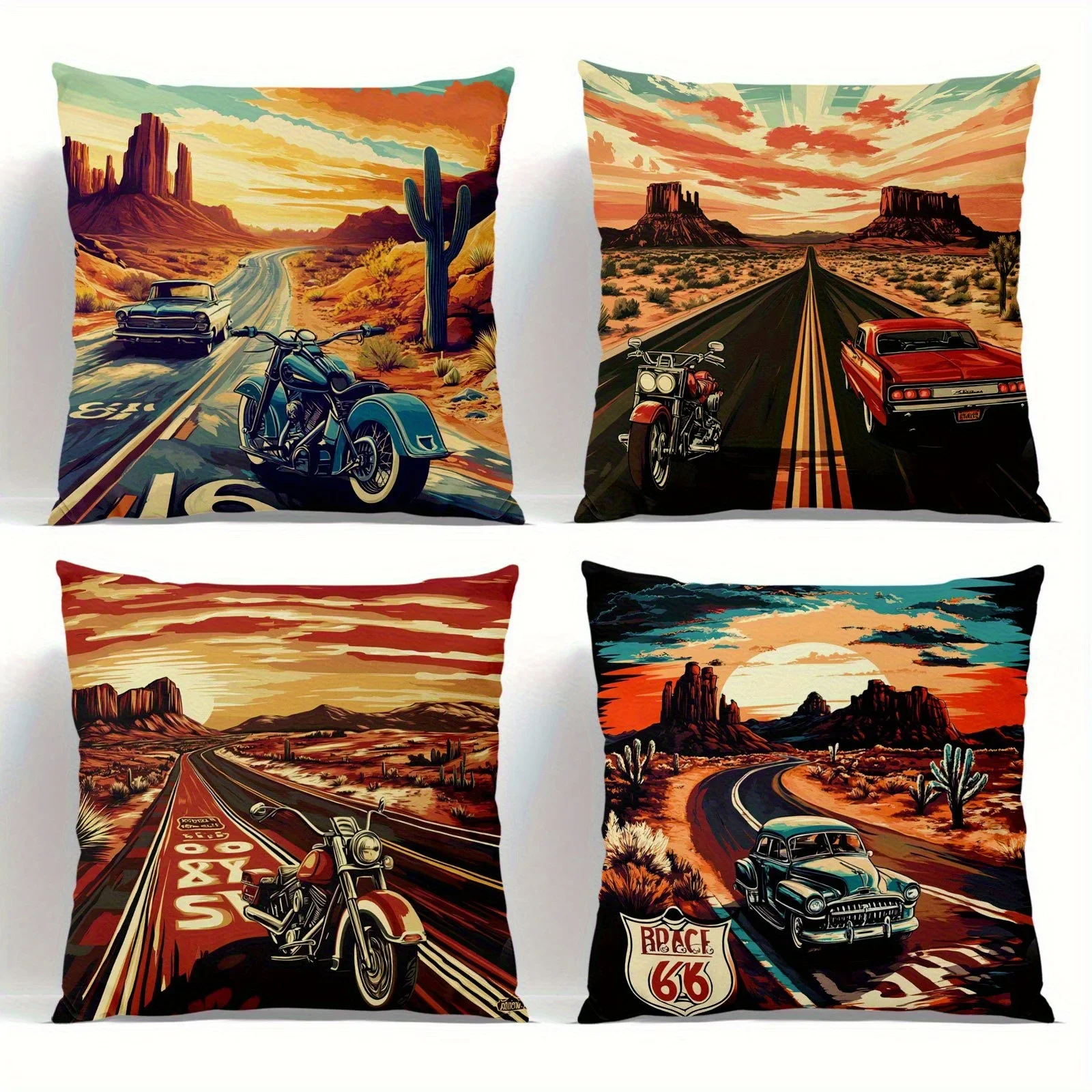 Vintage American Road Trip Sunset Landscape Throw Pillow Covers - Desert Highway Motorcycle Car Travel Decor