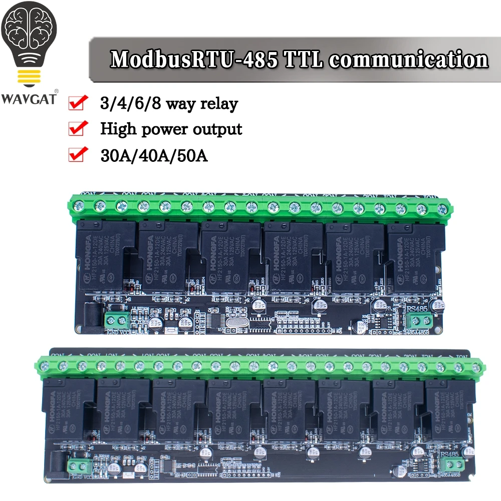 WAVGAT Modbus-Rtu 4/8-channel 5V/12V relay module for digital input/output with RS485/TTL communication 30A/40A/50A