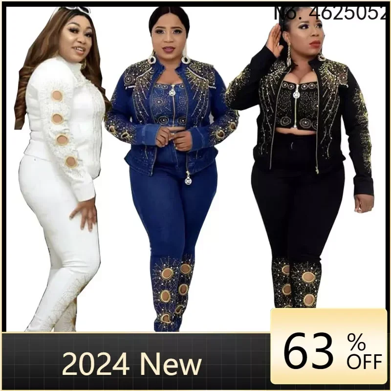 

2023 Casual African Denim 3 Piece Sets Ladies Full Sleeve Tops And Pants With Bra Sets Fashion Flowers Tracksuit Sets For Women