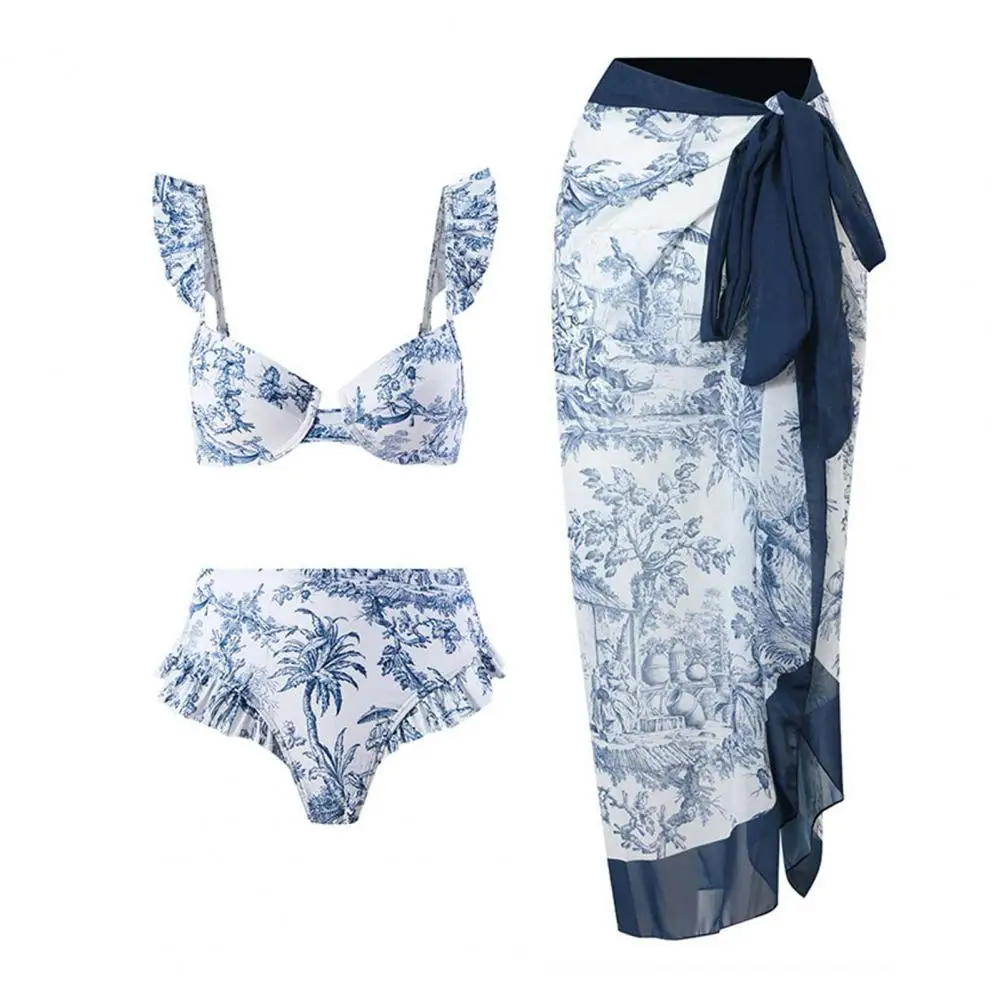 Conjunto de Bikini estampado estilo bohemio, traje de baño de estilo bohemio con manga con volantes, Sujetador Bandeau de cintura alta, ropa de playa con estampado Floral