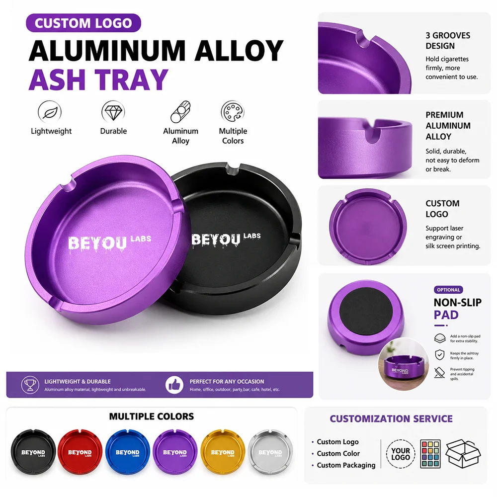 Metal Ash Tray Alumnium Alloy Custom Logo Cigarettes Tobacco Matte Smoking Ashtrays Accessories For Home Office Bar Restaurant