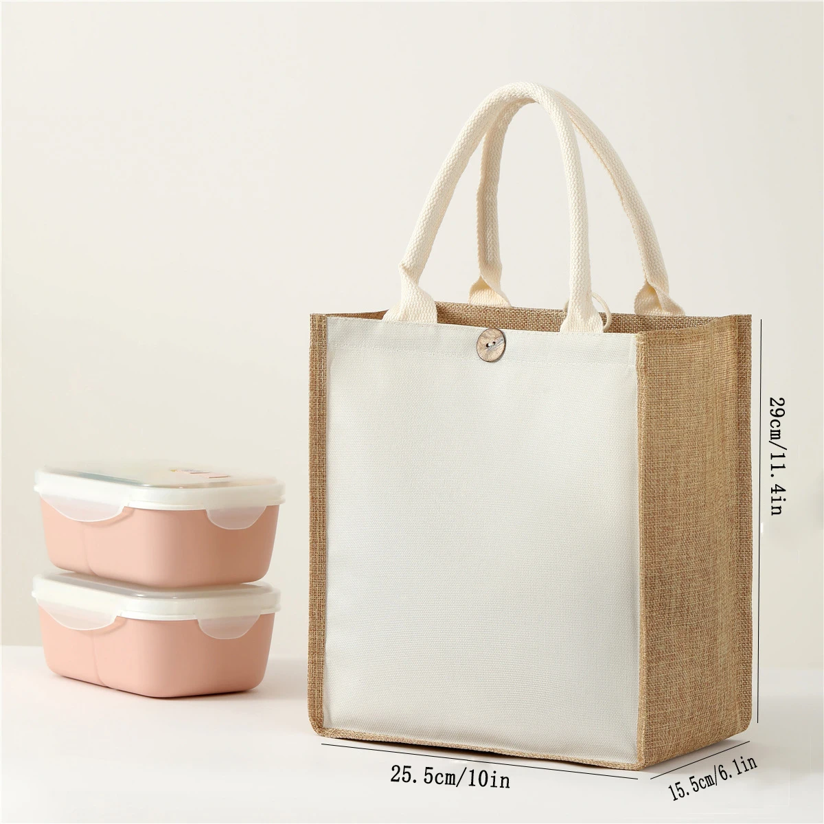 Simple solid color men's handbag large capacity imitation linen button handbag lunch bag daily travel luggage bag storage bag