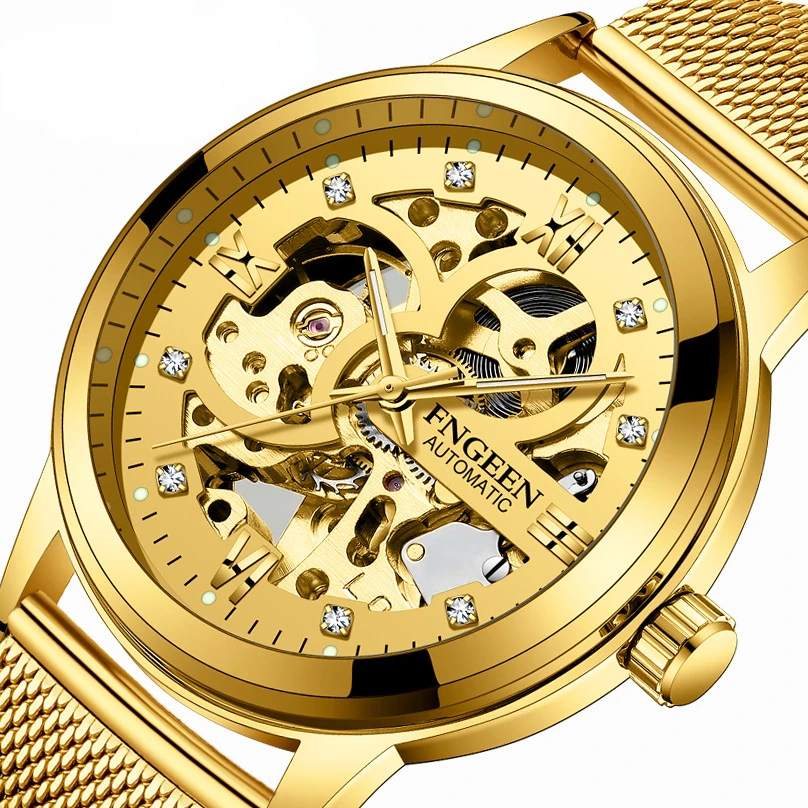 Luxury Brand Automatic Mesh Strap Gold Mechanical Watch Men's Waterproof Luminous Diamond Hollow Tourbillon Wrist Watches