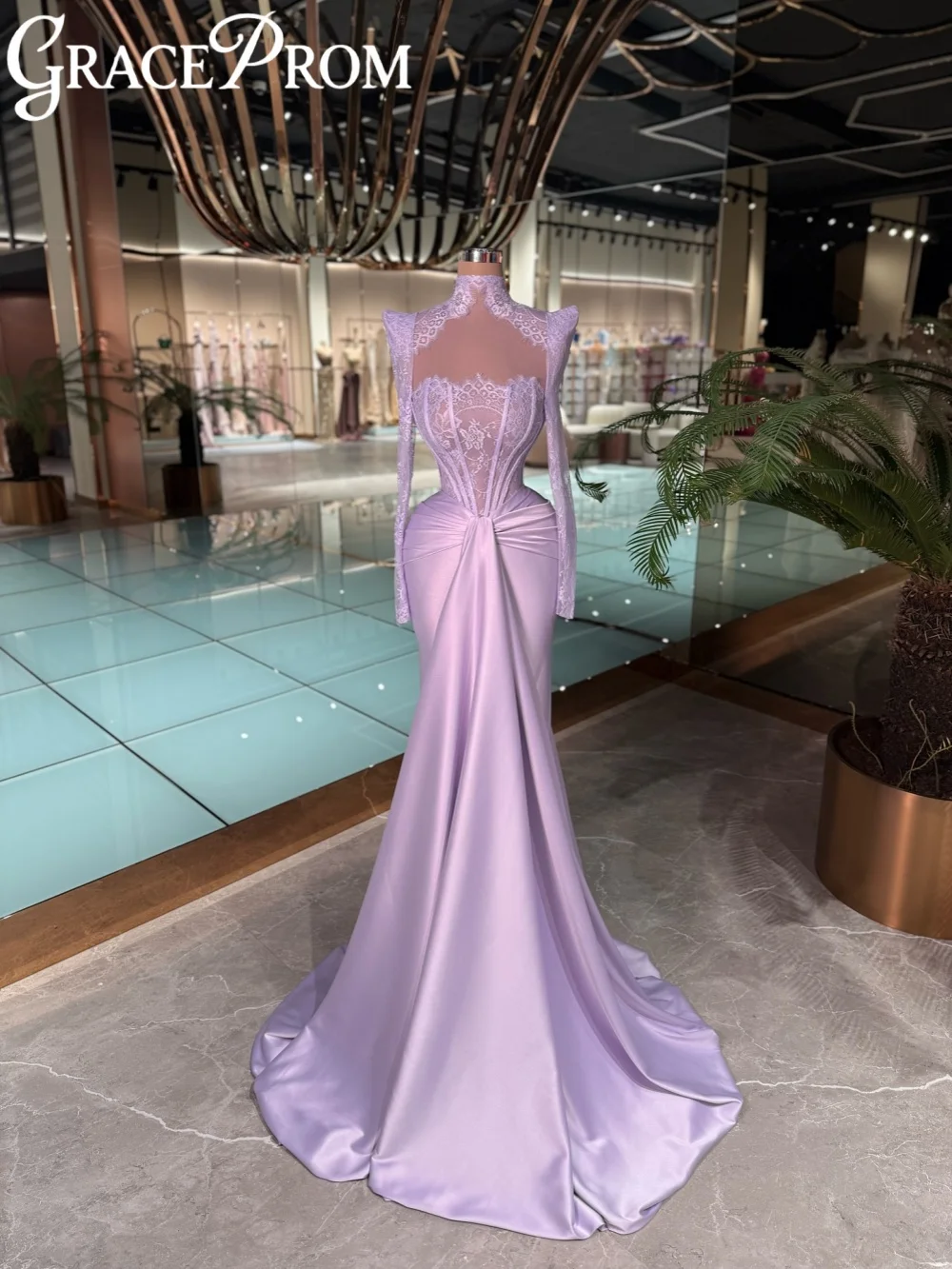 

Pleated Purple Lace Satin Evening Dress Dreamy Elegant Long Sleeved Wedding Party Gown Customized High Collar Prom Dresses