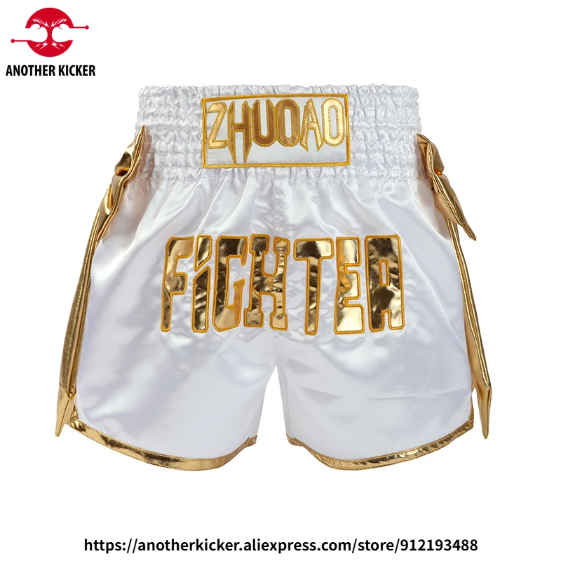 Muay Thai Shorts Gold Bow Ribbon Boxing Shorts Men Women Kids Kickboxing Fight Training Fight Pants Satin MMA Thai Boxing Shorts