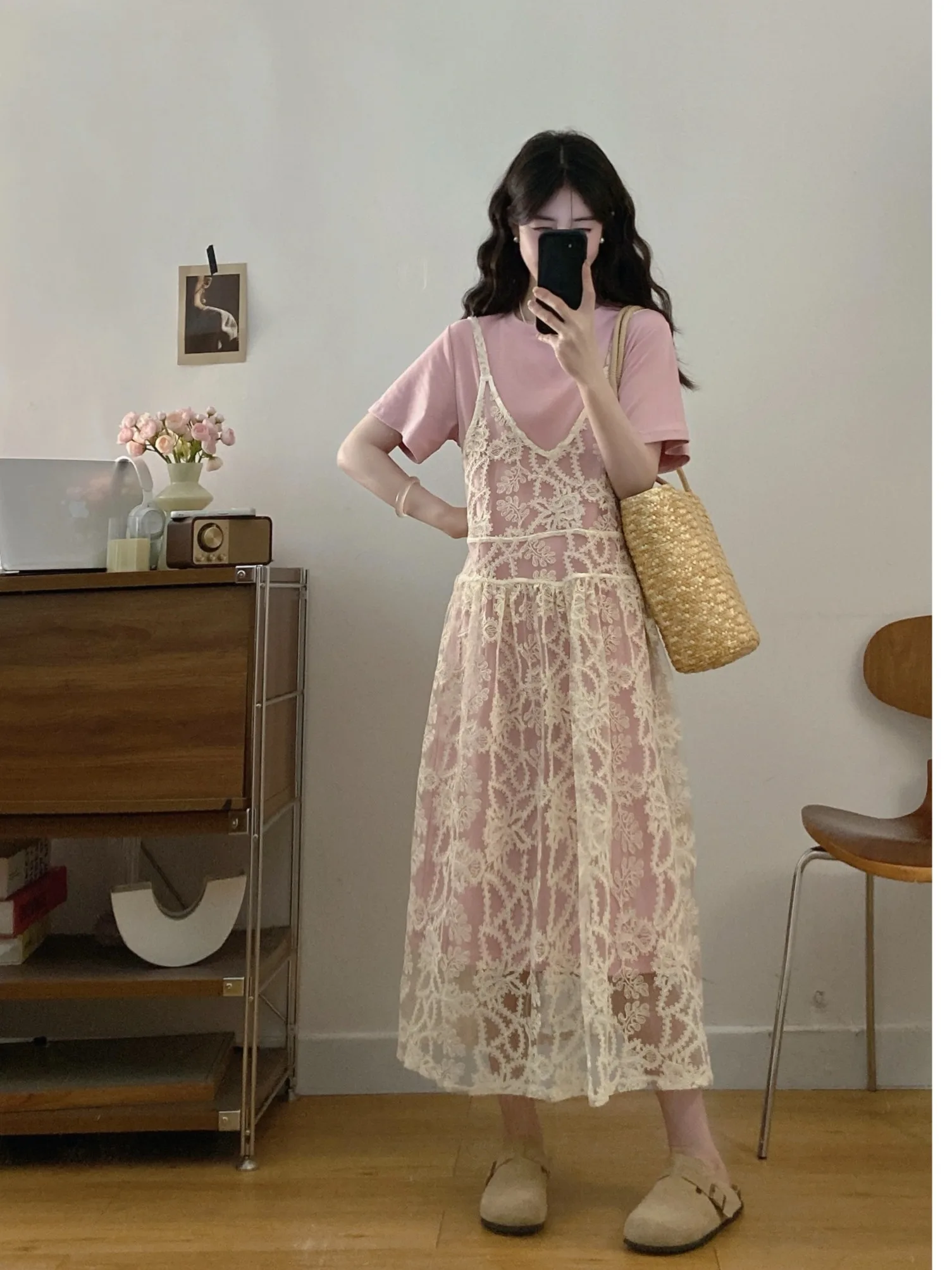 

Женский комплект из двух предметов: платье-миди с кружевной отделкой и футболка с коротким рукавом, летний повседневный стиль, высокая талия, большие размеры