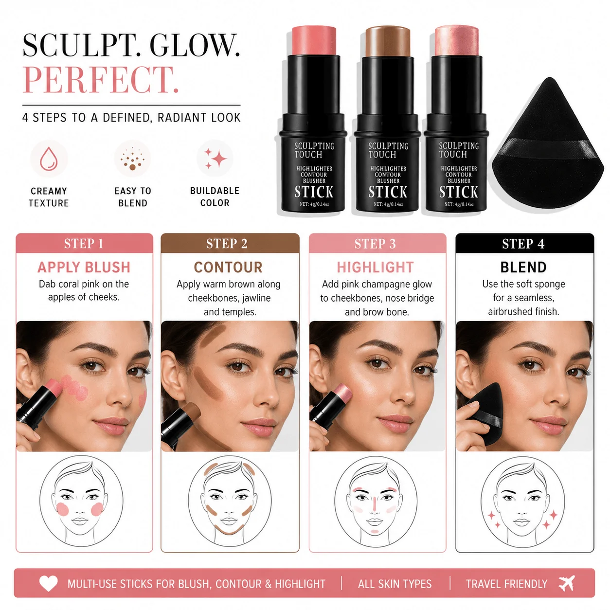 4Pcs/Set Face Sculpting Makeup Set,Cream Blush&Contour&Highlighter Stick And Soft Beauty Sponge,Multi-Use Cheek Makeup Kit.
